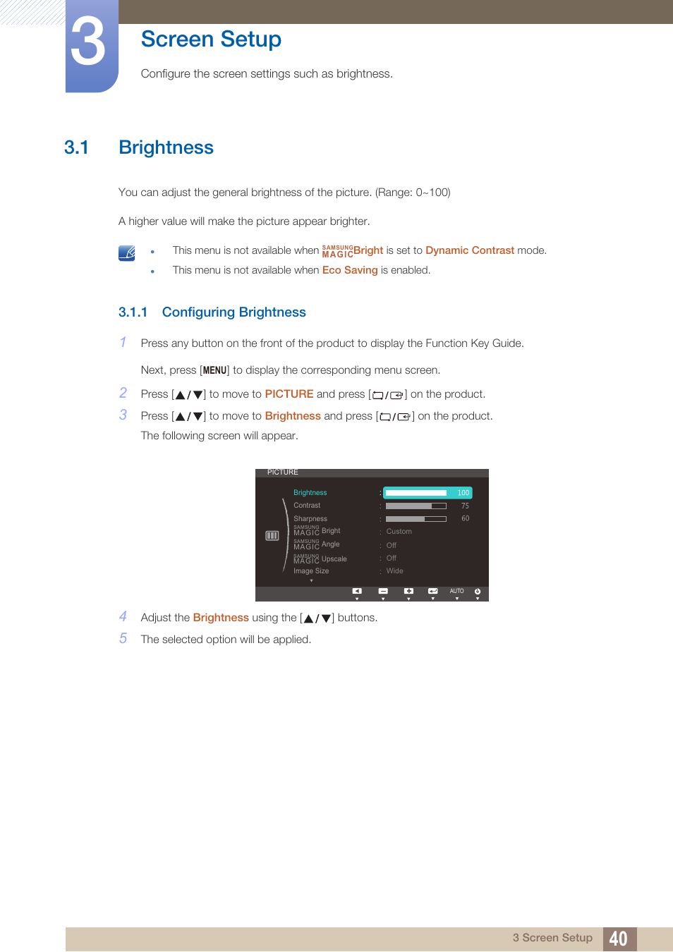 Screen setup, 1 brightness, 1 configuring brightness | Brightness, Configuring brightness | Samsung LS24C370HL-ZA User Manual | Page 40 / 98