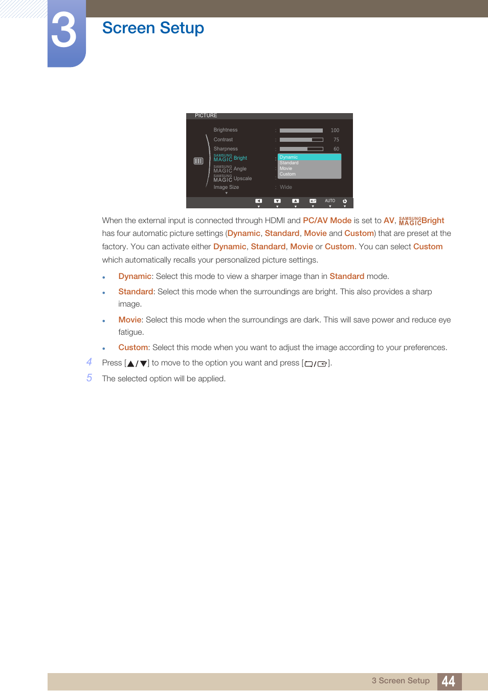 Screen setup | Samsung LS24C370HL-ZA User Manual | Page 44 / 98