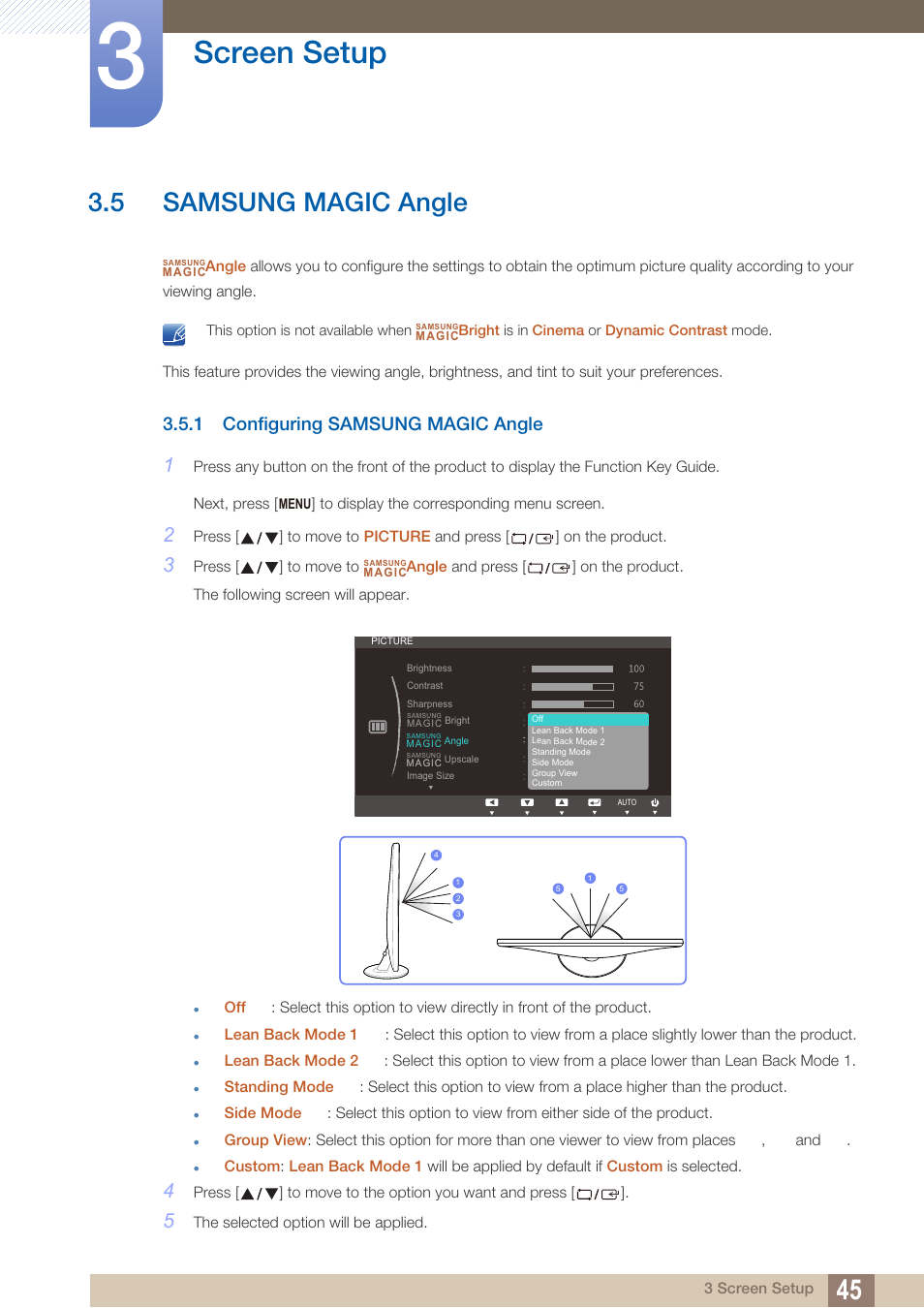 5 samsung magic angle, 1 configuring samsung magic angle, Samsung magic angle | Configuring samsung magic angle, Screen setup | Samsung LS24C370HL-ZA User Manual | Page 45 / 98