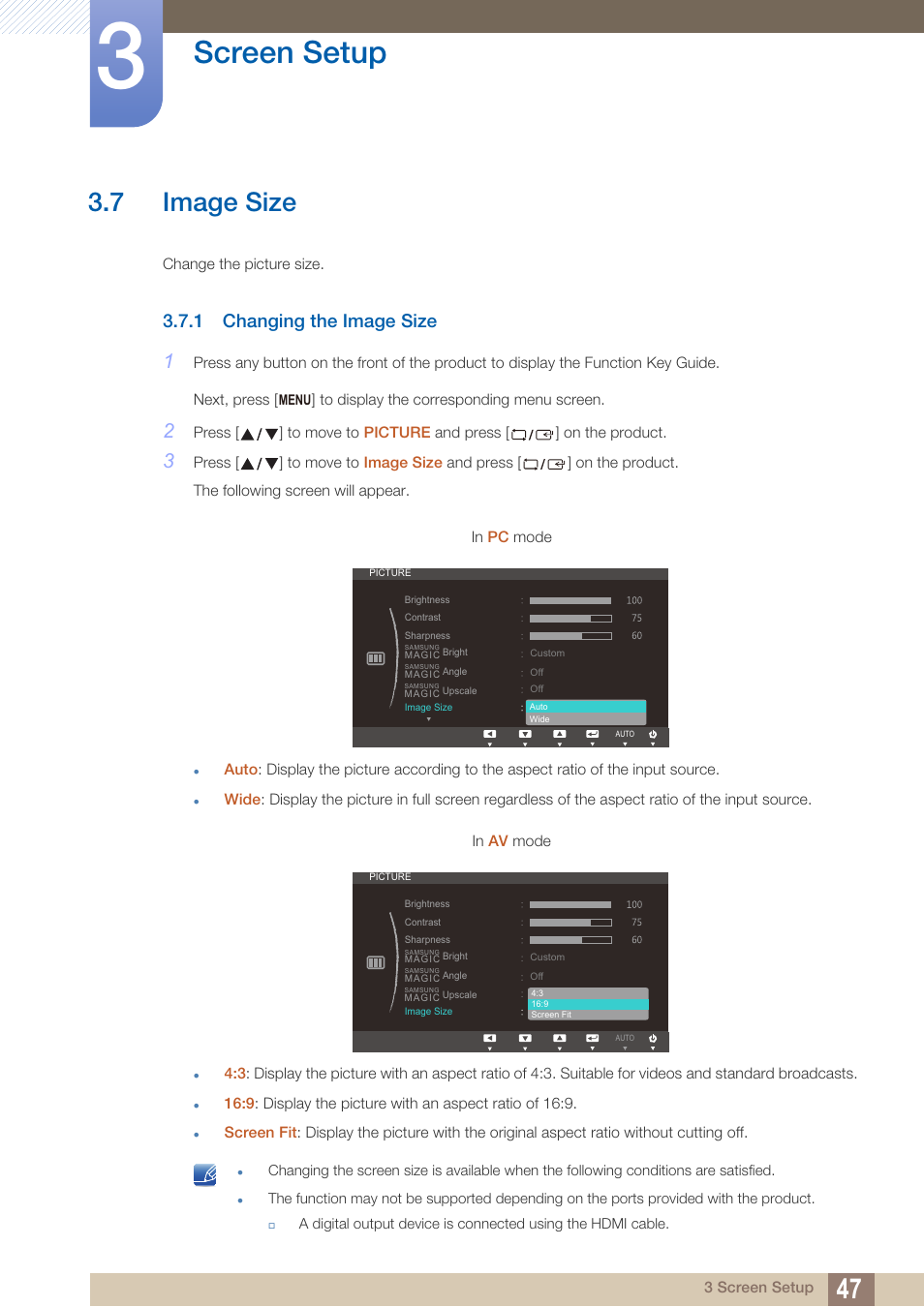 7 image size, 1 changing the image size, Image size | Changing the image size, Screen setup | Samsung LS24C370HL-ZA User Manual | Page 47 / 98