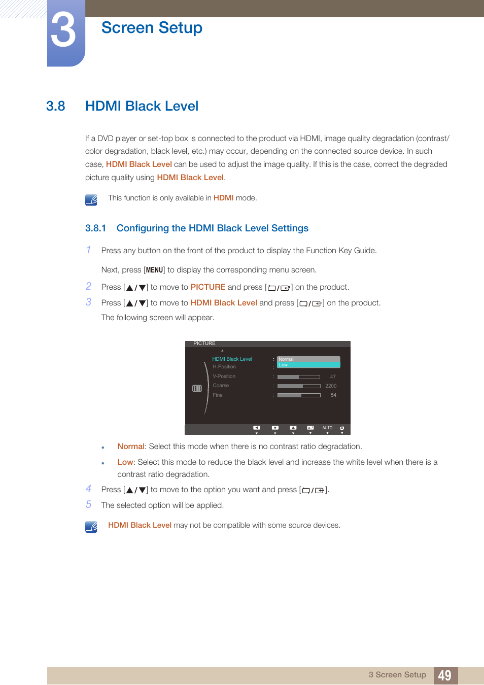 8 hdmi black level, 1 configuring the hdmi black level settings, Hdmi black level | Configuring the hdmi black level settings, Screen setup | Samsung LS24C370HL-ZA User Manual | Page 49 / 98