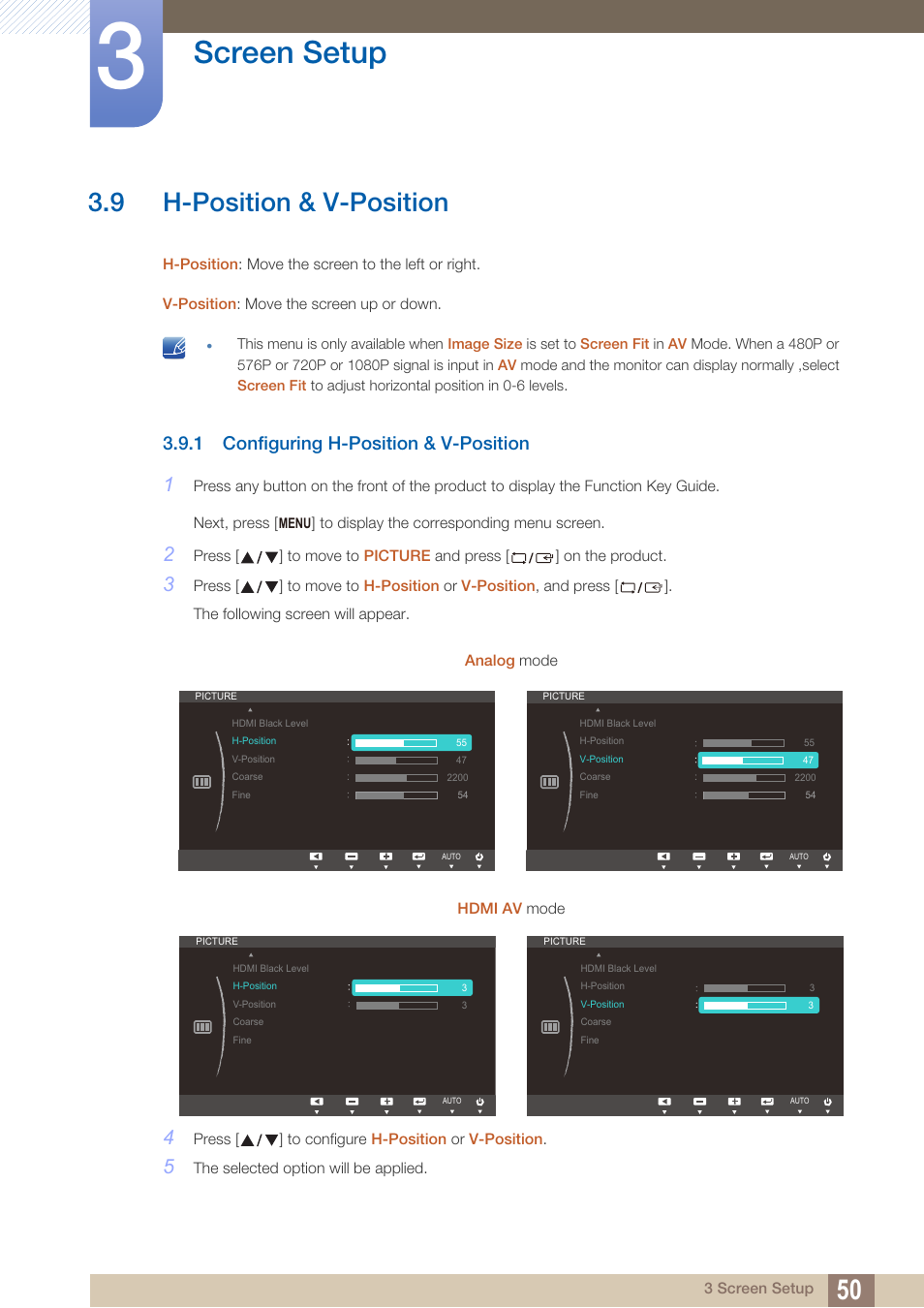 9 h-position & v-position, 1 configuring h-position & v-position, H-position & v-position | Configuring h-position & v-position, Screen setup, 3 screen setup, Press [ ] to configure h-position or v-position | Samsung LS24C370HL-ZA User Manual | Page 50 / 98