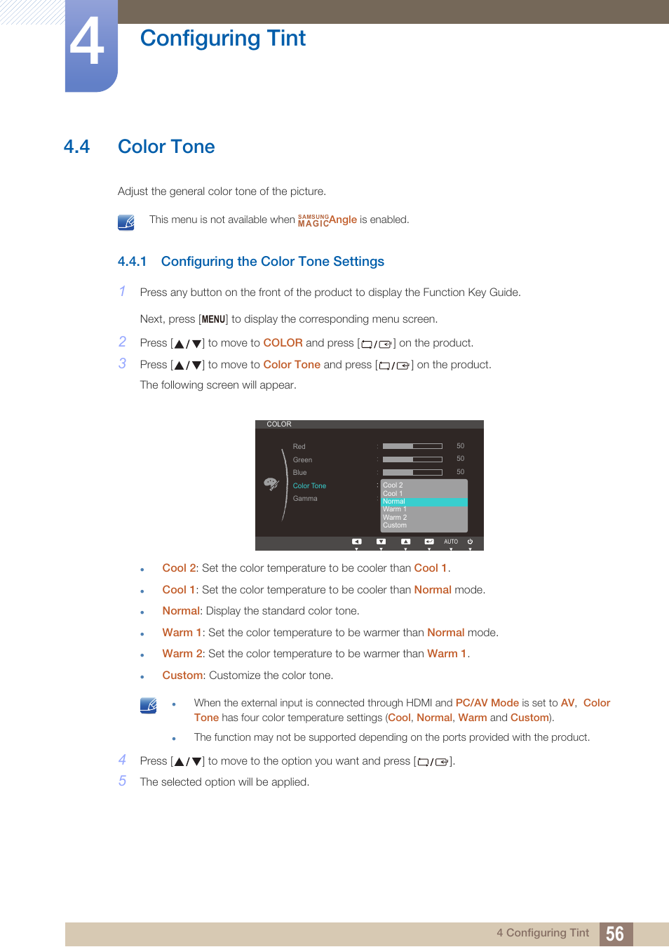 4 color tone, 1 configuring the color tone settings, Color tone | Configuring the color tone settings, Configuring tint | Samsung LS24C370HL-ZA User Manual | Page 56 / 98