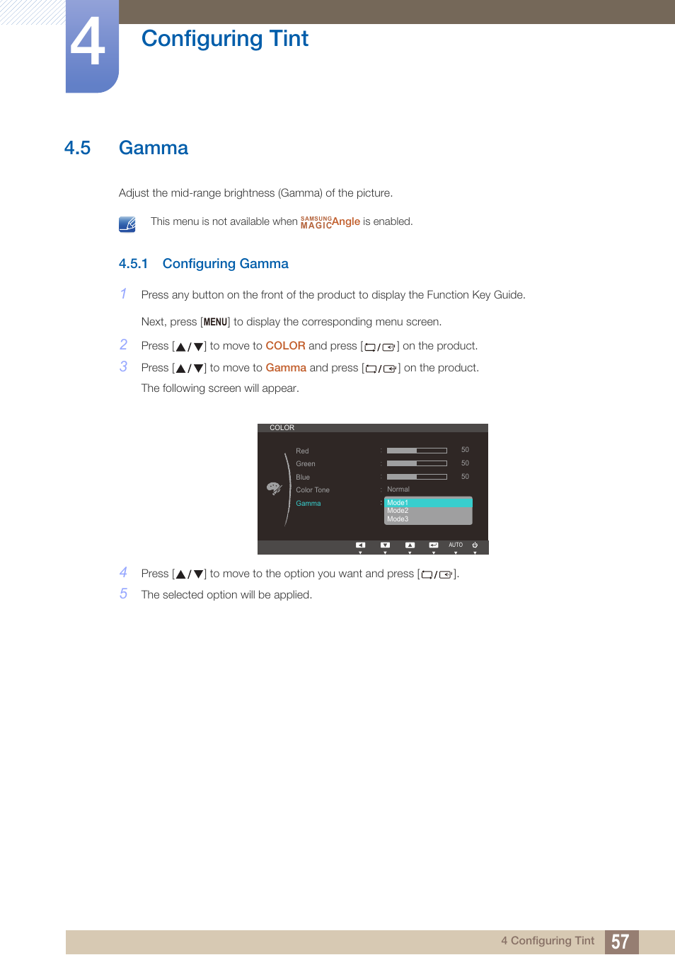 5 gamma, 1 configuring gamma, Gamma | Configuring gamma, Configuring tint | Samsung LS24C370HL-ZA User Manual | Page 57 / 98