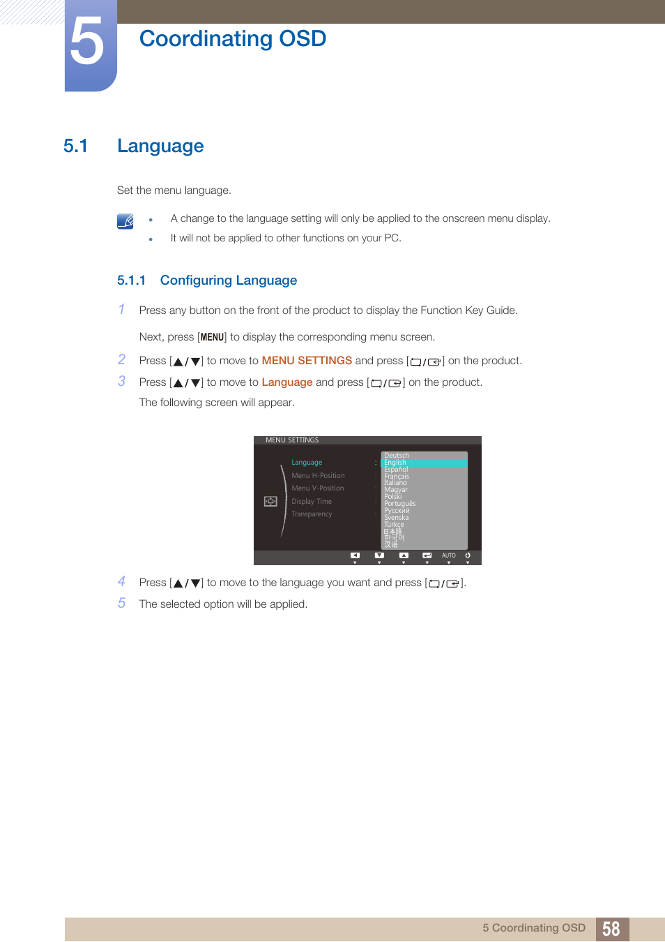 Coordinating osd, 1 language, 1 configuring language | Language, Configuring language | Samsung LS24C370HL-ZA User Manual | Page 58 / 98