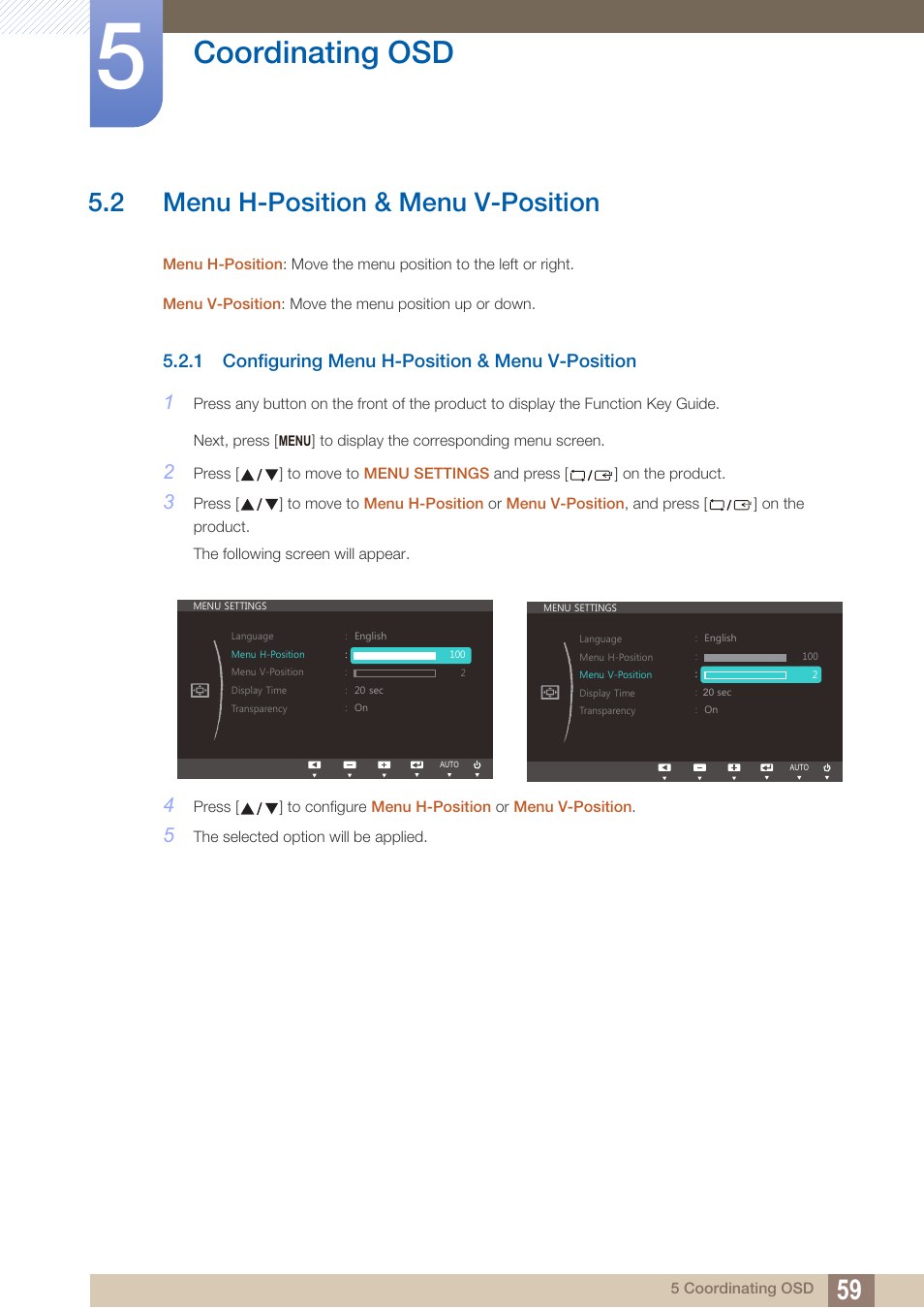 2 menu h-position & menu v-position, 1 configuring menu h-position & menu v-position, Menu h-position & menu v-position | Configuring menu h-position & menu v- position, Coordinating osd | Samsung LS24C370HL-ZA User Manual | Page 59 / 98