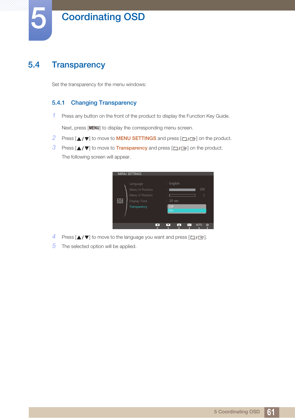 4 transparency, 1 changing transparency, Transparency | Changing transparency, Coordinating osd | Samsung LS24C370HL-ZA User Manual | Page 61 / 98