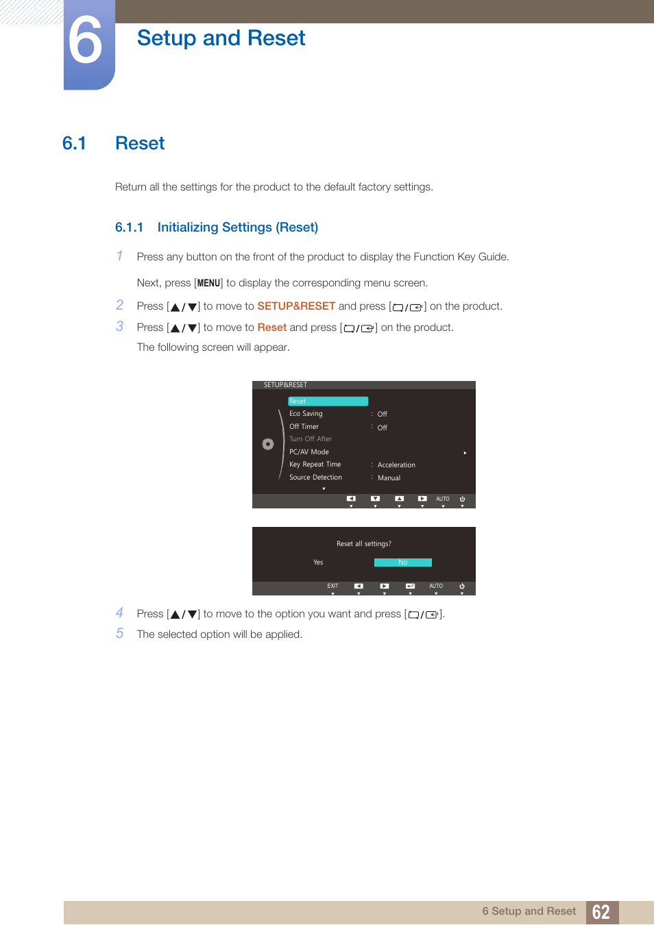 Setup and reset, 1 reset, 1 initializing settings (reset) | Reset, Initializing settings (reset) | Samsung LS24C370HL-ZA User Manual | Page 62 / 98