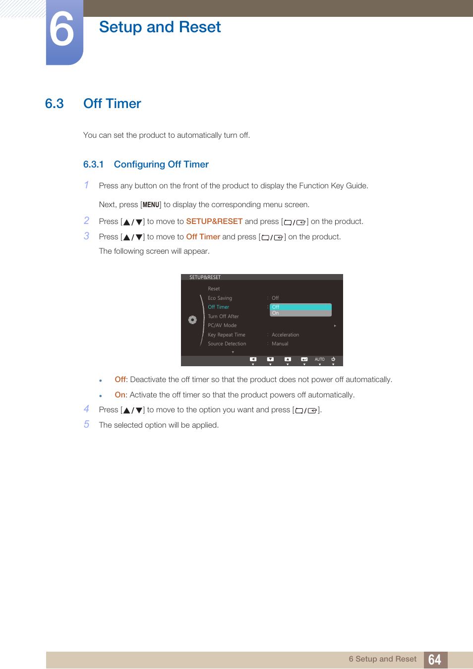 3 off timer, 1 configuring off timer, Off timer | Configuring off timer, Setup and reset | Samsung LS24C370HL-ZA User Manual | Page 64 / 98