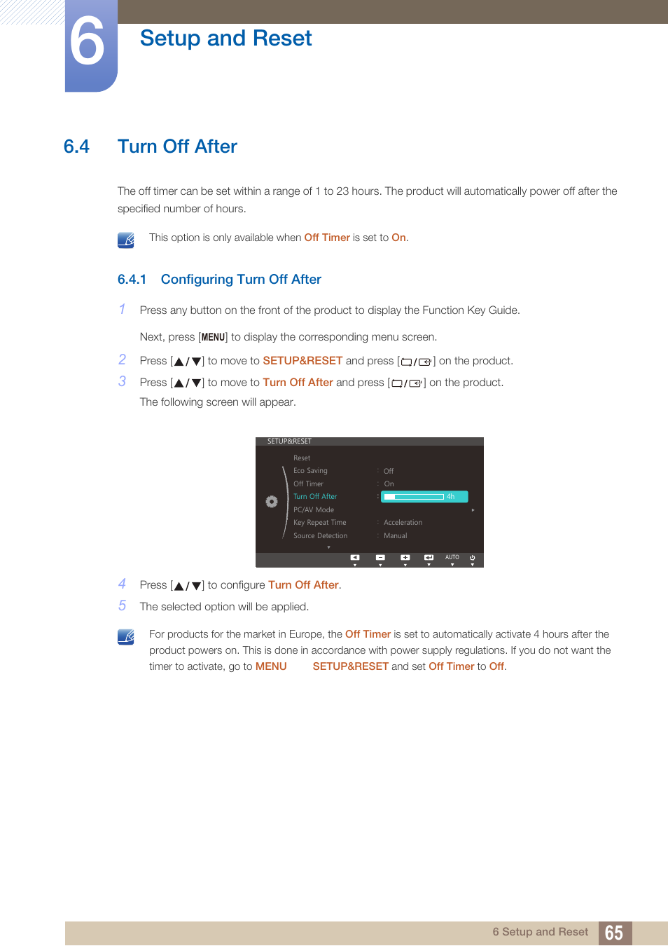 4 turn off after, 1 configuring turn off after, Turn off after | Configuring turn off after, Setup and reset | Samsung LS24C370HL-ZA User Manual | Page 65 / 98