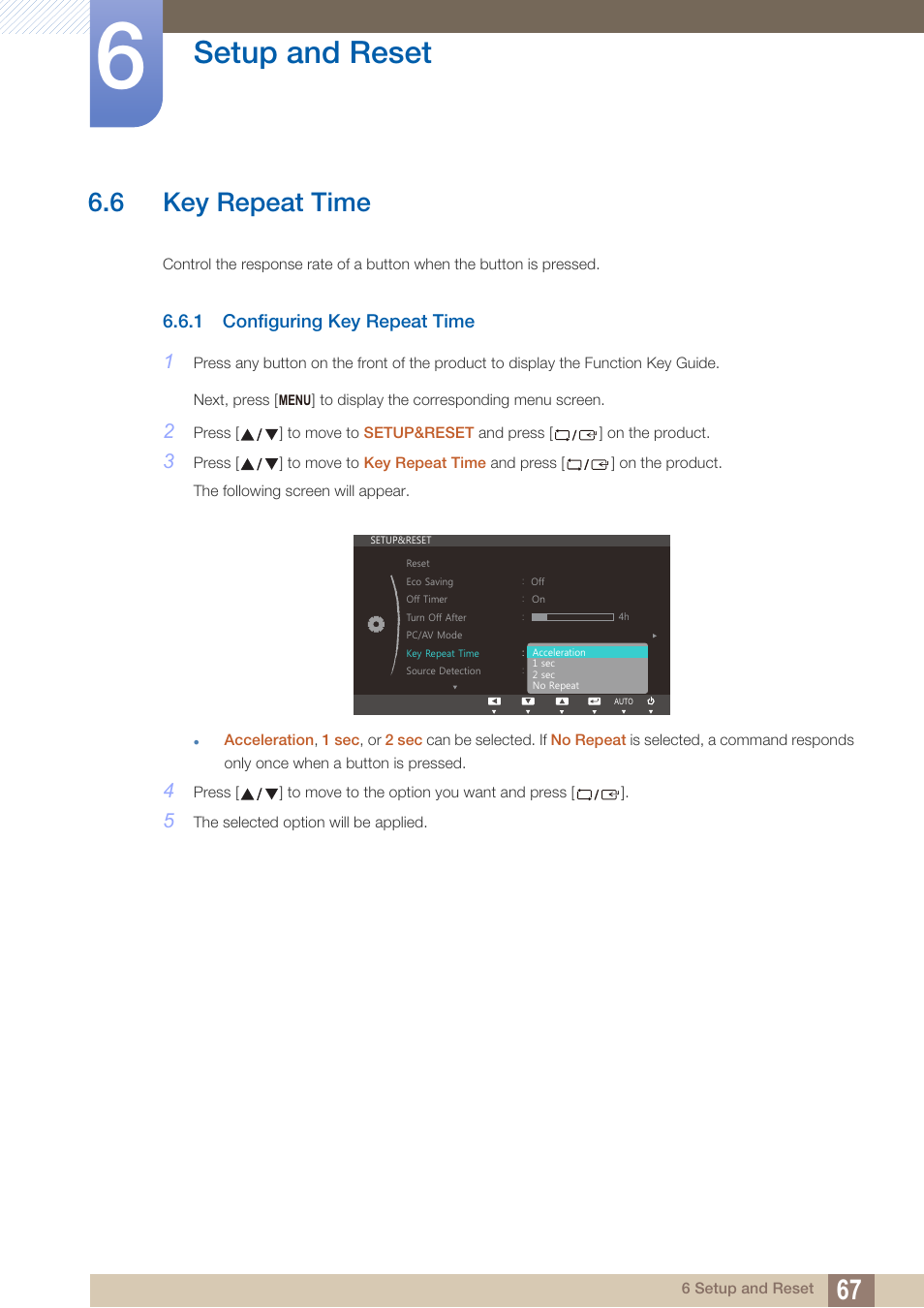 6 key repeat time, 1 configuring key repeat time, Key repeat time | Configuring key repeat time, Setup and reset | Samsung LS24C370HL-ZA User Manual | Page 67 / 98