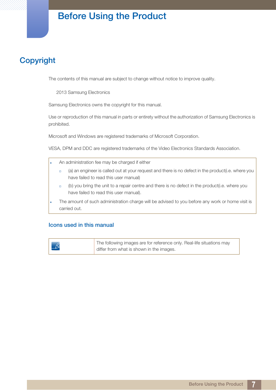 Before using the product, Copyright, Icons used in this manual | Before using the, Product | Samsung LS24C370HL-ZA User Manual | Page 7 / 98