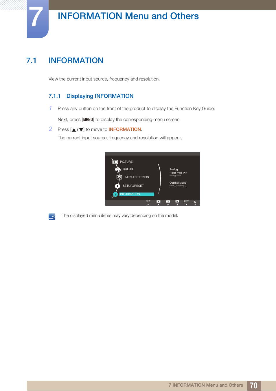 Information menu and others, 1 information, 1 displaying information | Information menu and, Others, Information, Displaying information | Samsung LS24C370HL-ZA User Manual | Page 70 / 98