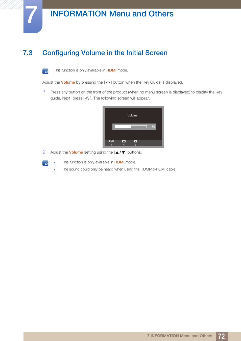3 configuring volume in the initial screen, Configuring volume in the initial screen, Information menu and others | Samsung LS24C370HL-ZA User Manual | Page 72 / 98