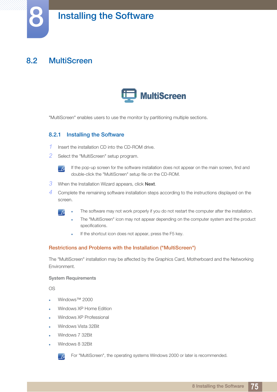 2 multiscreen, 1 installing the software, Multiscreen | Installing the software | Samsung LS24C370HL-ZA User Manual | Page 75 / 98