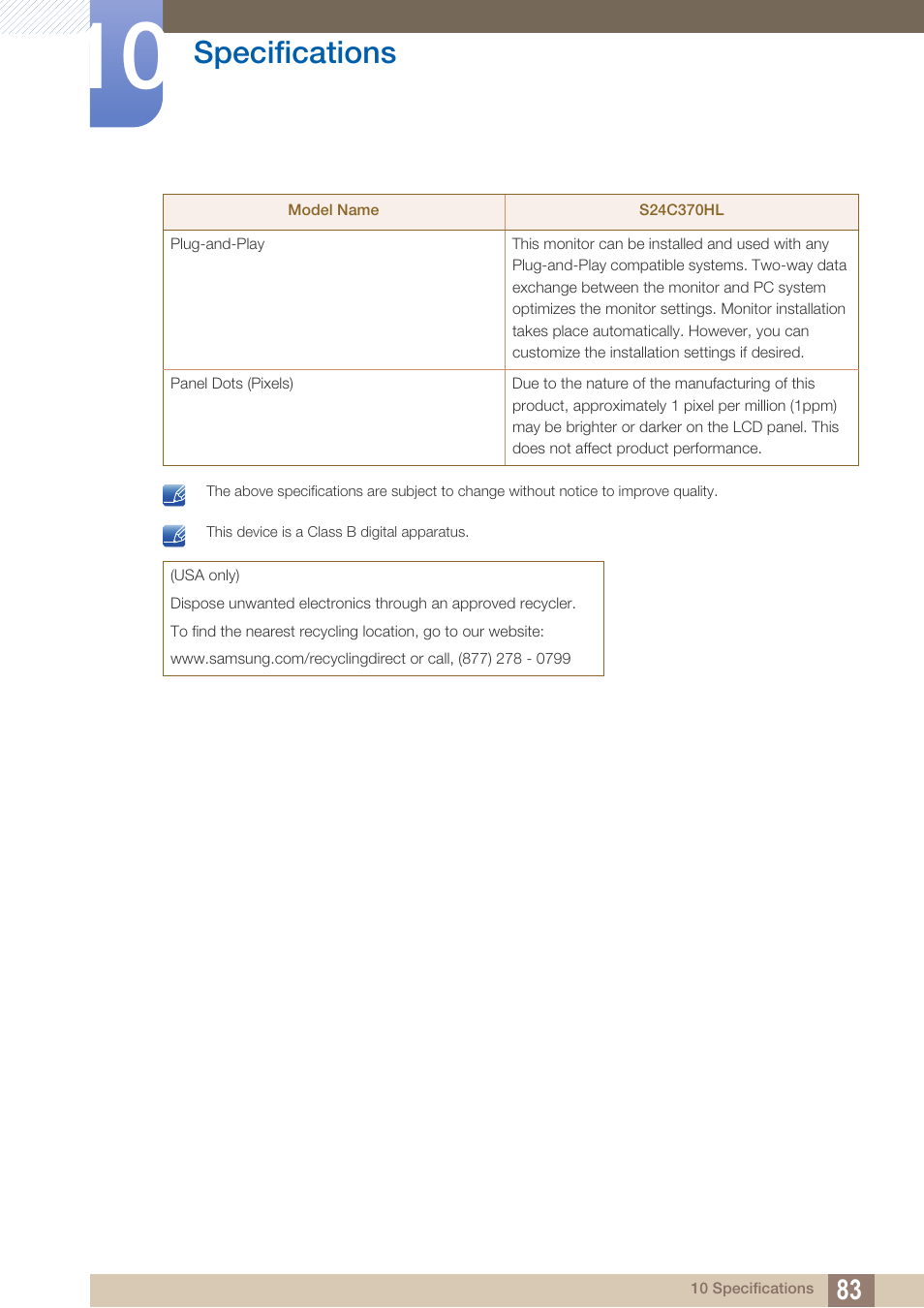 Specifications | Samsung LS24C370HL-ZA User Manual | Page 83 / 98