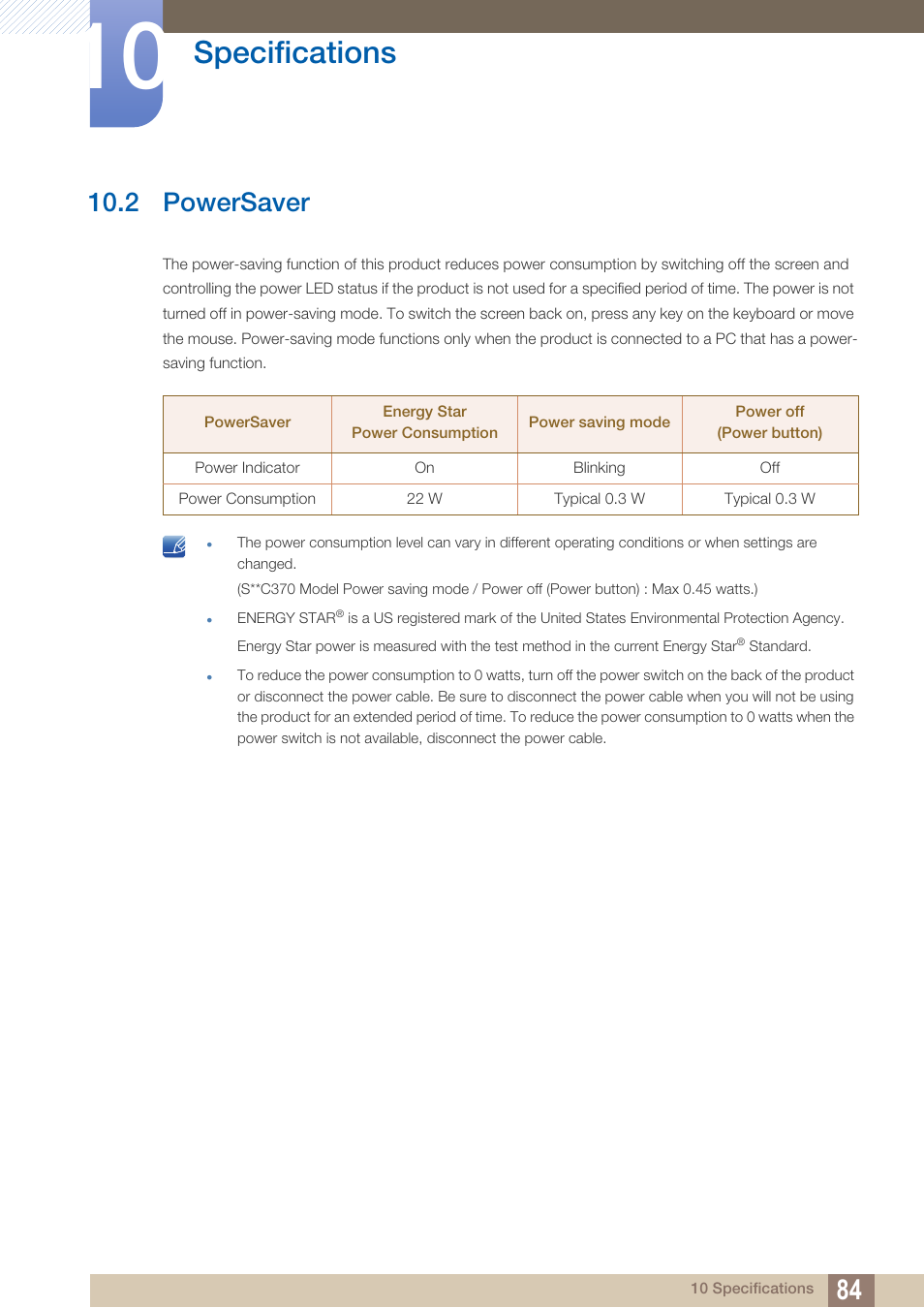 2 powersaver, Powersaver, Specifications | Samsung LS24C370HL-ZA User Manual | Page 84 / 98