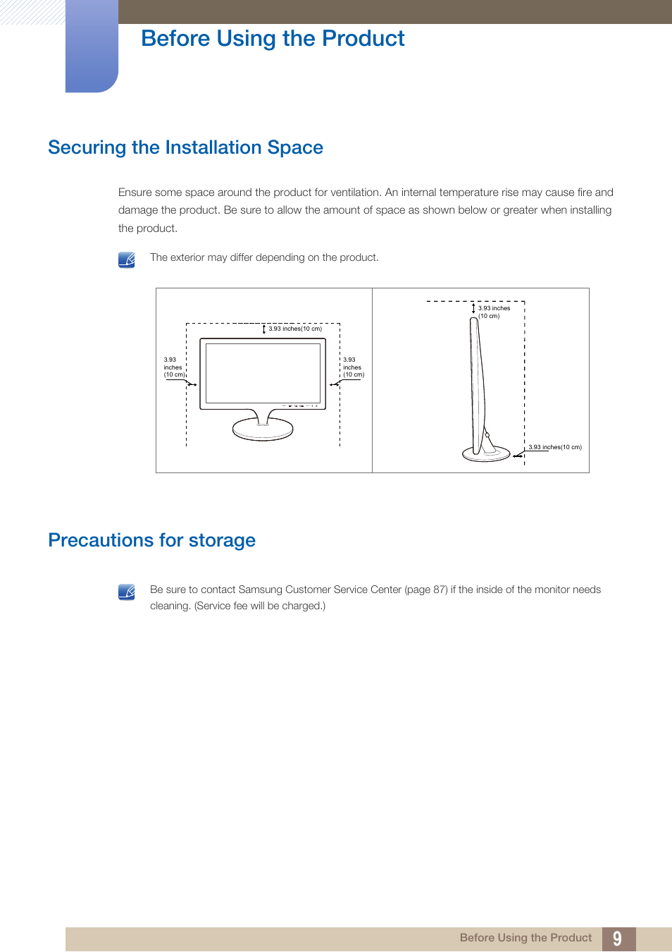 Securing the installation space, Precautions for storage, Before using the product | Samsung LS24C370HL-ZA User Manual | Page 9 / 98