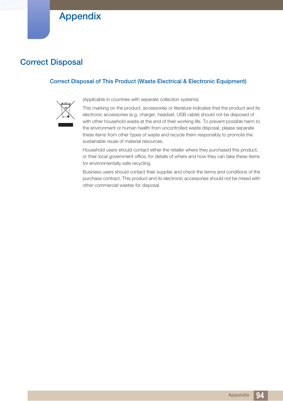 Correct disposal, Appendix | Samsung LS24C370HL-ZA User Manual | Page 94 / 98