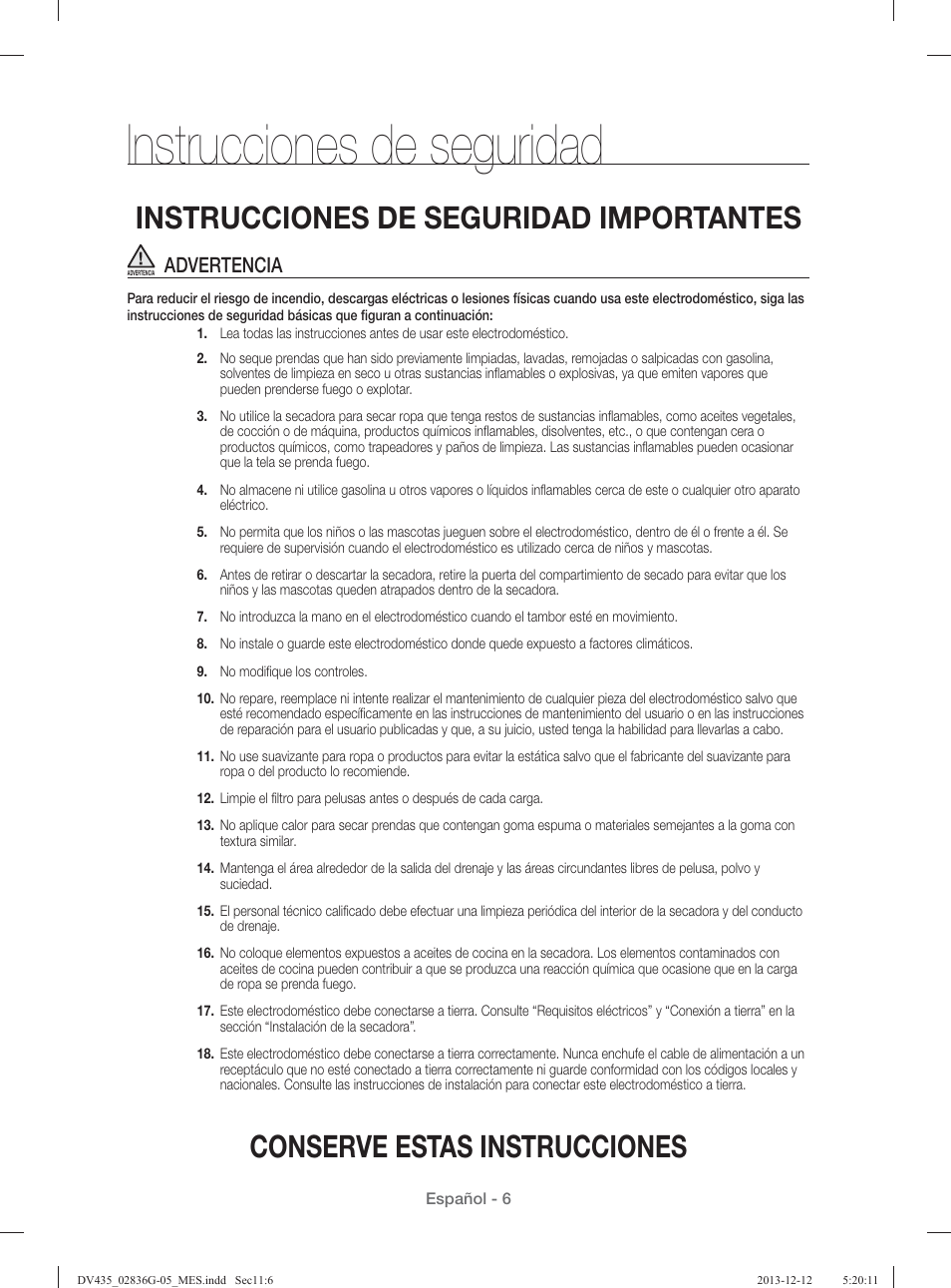 Instrucciones de seguridad, Conserve estas instrucciones, Instrucciones de seguridad importantes | Advertencia | Samsung DV435ETGJWR-A1 User Manual | Page 102 / 144