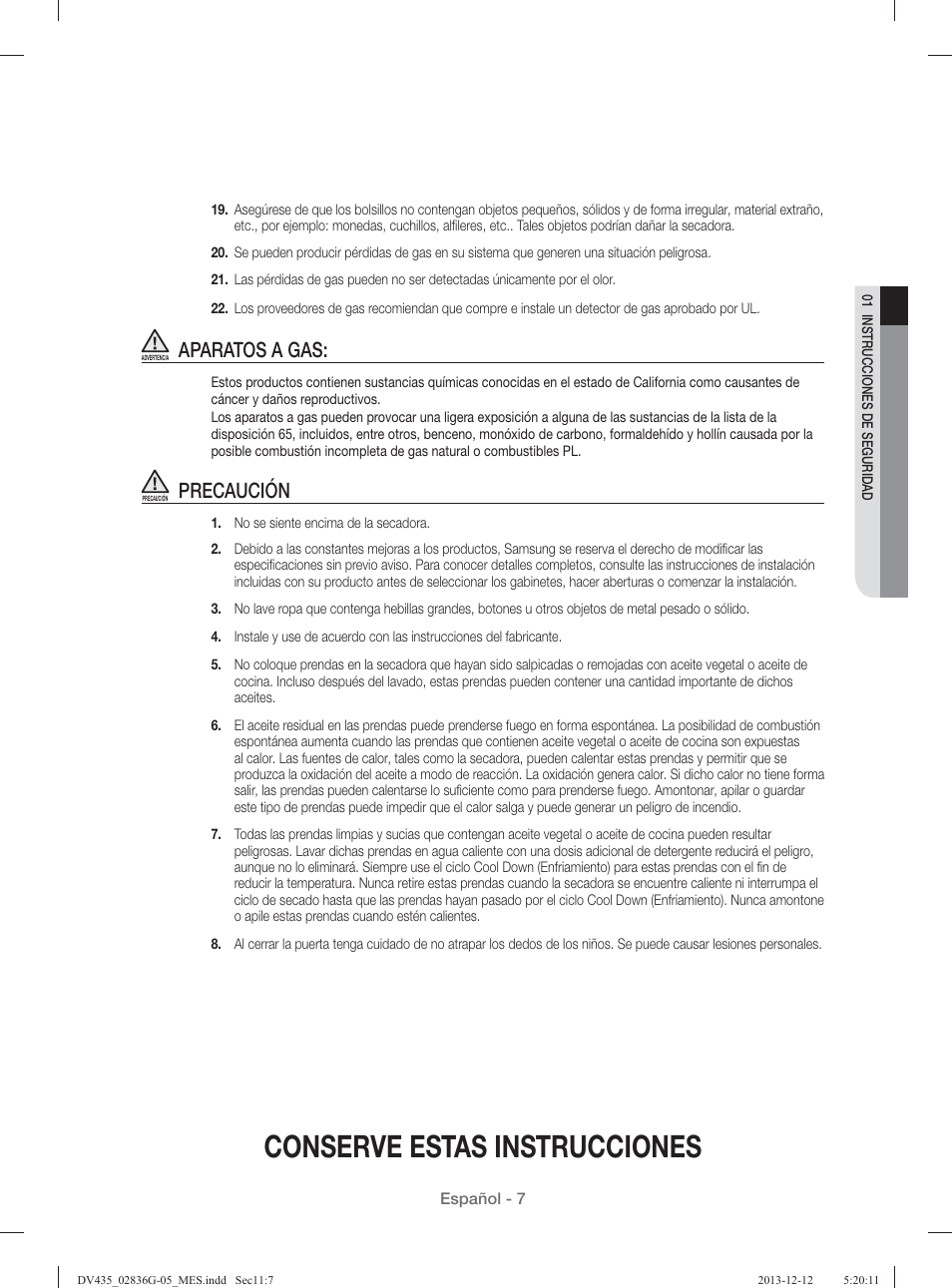 Conserve estas instrucciones, Aparatos a gas, Precaución | Samsung DV435ETGJWR-A1 User Manual | Page 103 / 144