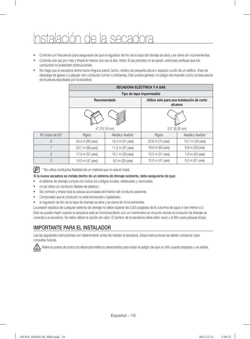 Instalación de la secadora, Importante para el instalador | Samsung DV435ETGJWR-A1 User Manual | Page 106 / 144