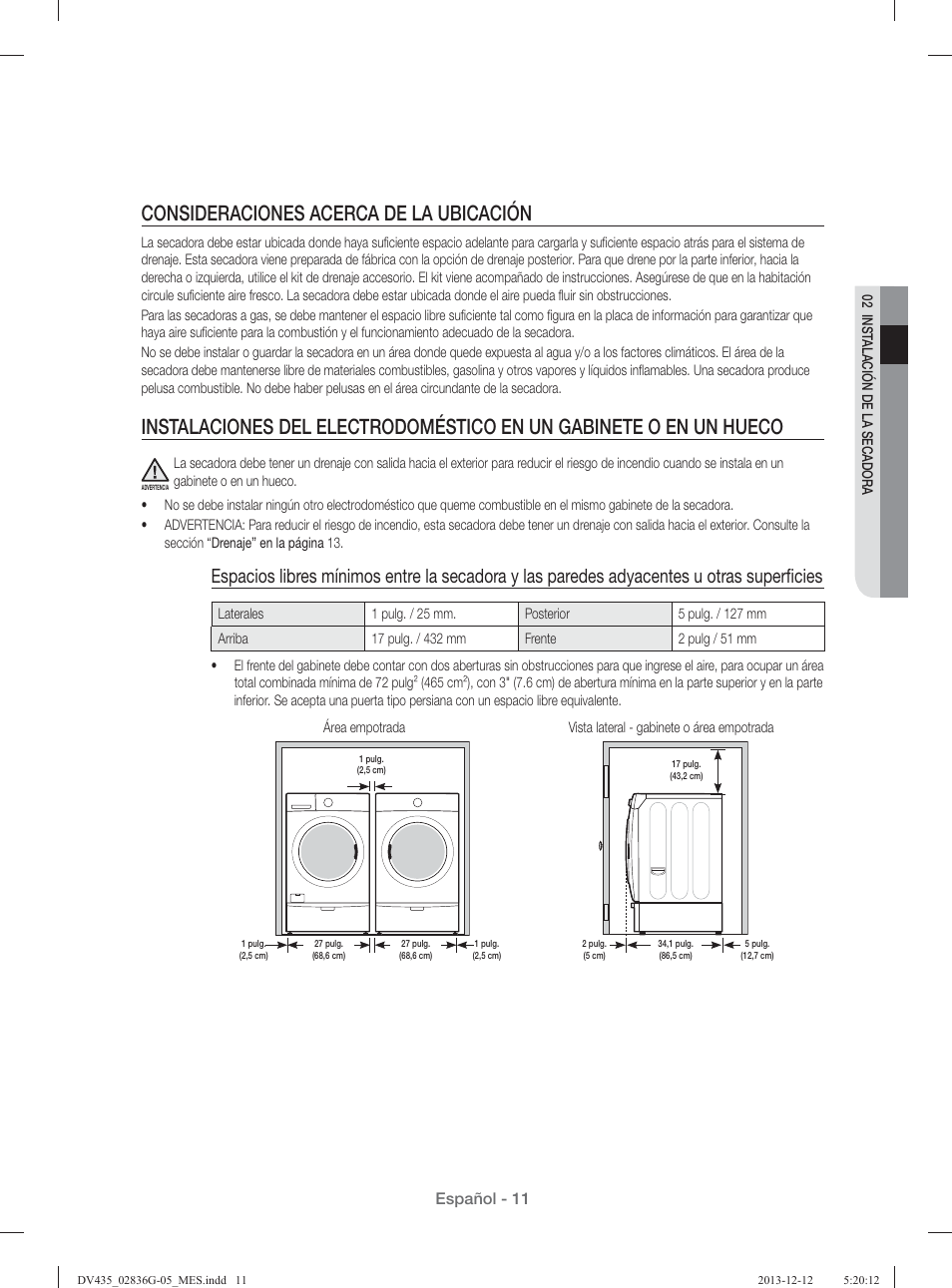 Consideraciones acerca de la ubicación, Español - 11 | Samsung DV435ETGJWR-A1 User Manual | Page 107 / 144