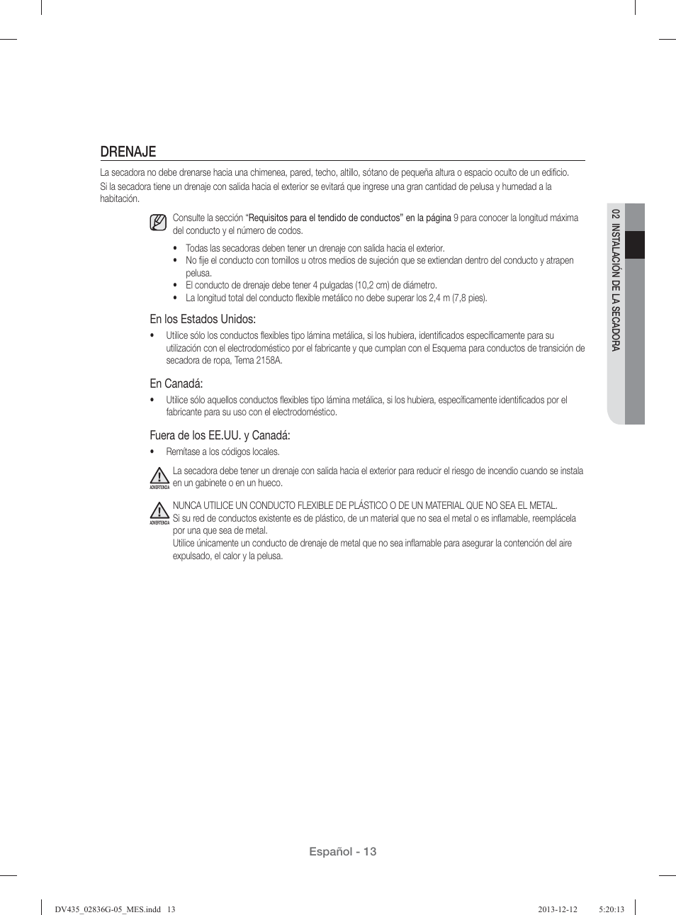 Drenaje, En los estados unidos, En canadá | Fuera de los ee.uu. y canadá | Samsung DV435ETGJWR-A1 User Manual | Page 109 / 144