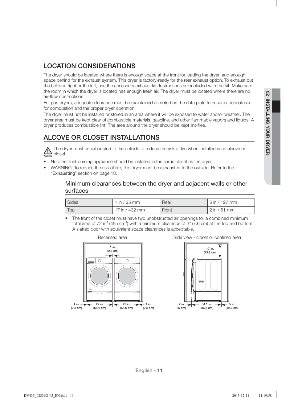 Location considerations, Alcove or closet installations, English - 11 | Samsung DV435ETGJWR-A1 User Manual | Page 11 / 144