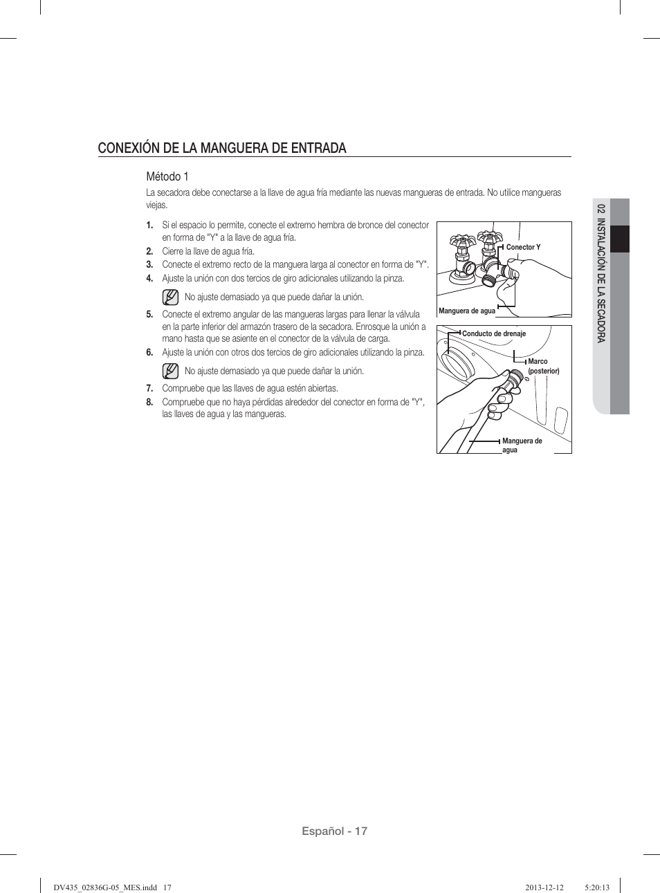Conexión de la manguera de entrada, Método 1 | Samsung DV435ETGJWR-A1 User Manual | Page 113 / 144
