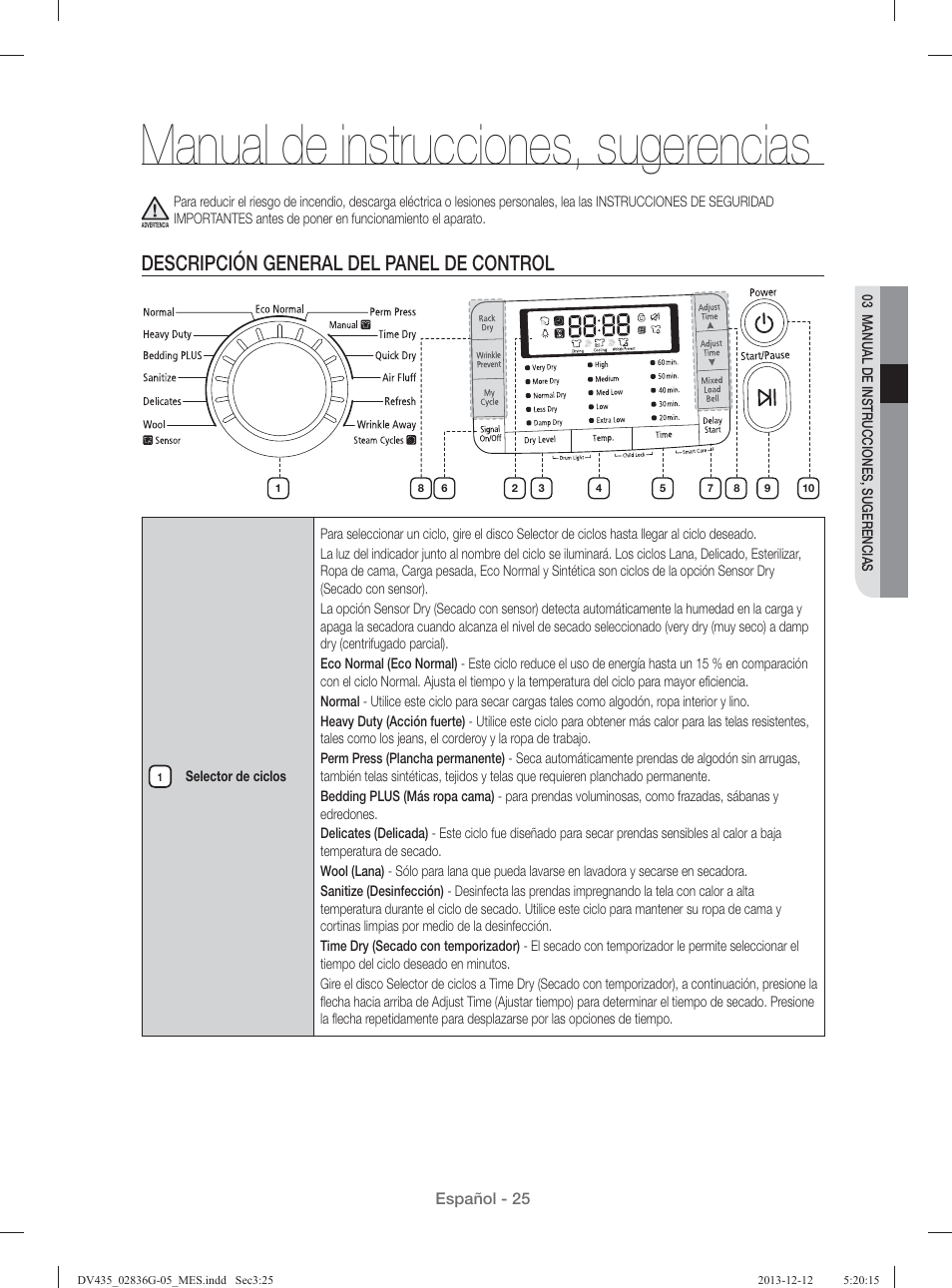 Manual de instrucciones, sugerencias, Descripción general del panel de control | Samsung DV435ETGJWR-A1 User Manual | Page 121 / 144