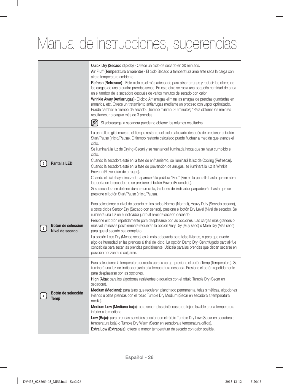 Manual de instrucciones, sugerencias | Samsung DV435ETGJWR-A1 User Manual | Page 122 / 144