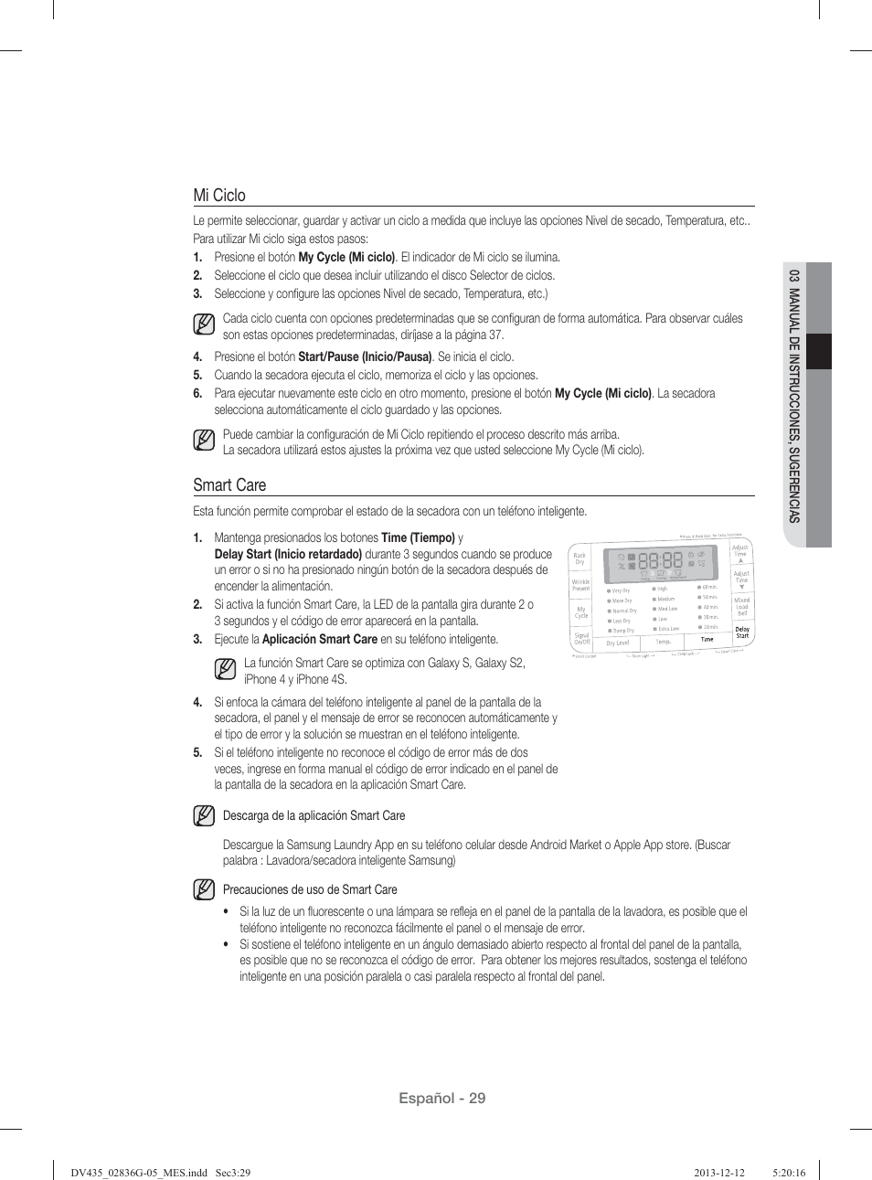 Mi ciclo, Smart care | Samsung DV435ETGJWR-A1 User Manual | Page 125 / 144