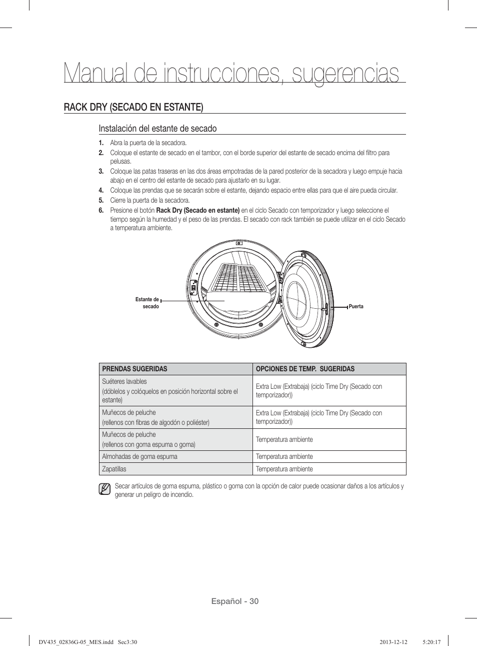 Manual de instrucciones, sugerencias, Rack dry (secado en estante), Instalación del estante de secado | Samsung DV435ETGJWR-A1 User Manual | Page 126 / 144