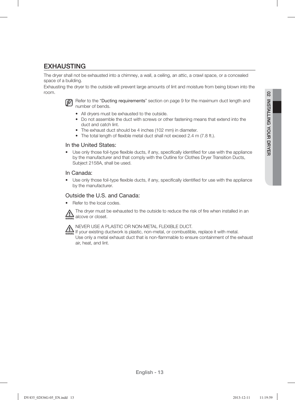 Exhausting, Outside the u.s. and canada | Samsung DV435ETGJWR-A1 User Manual | Page 13 / 144