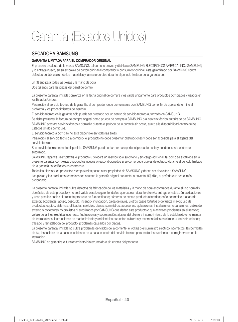 Garantía (estados unidos), Secadora samsung | Samsung DV435ETGJWR-A1 User Manual | Page 136 / 144