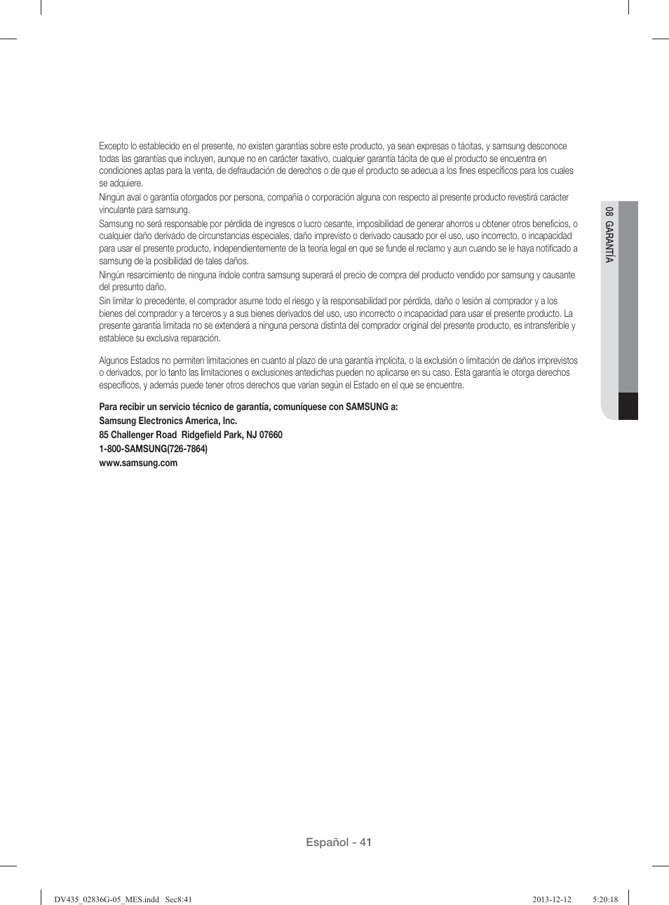 Español - 41 | Samsung DV435ETGJWR-A1 User Manual | Page 137 / 144