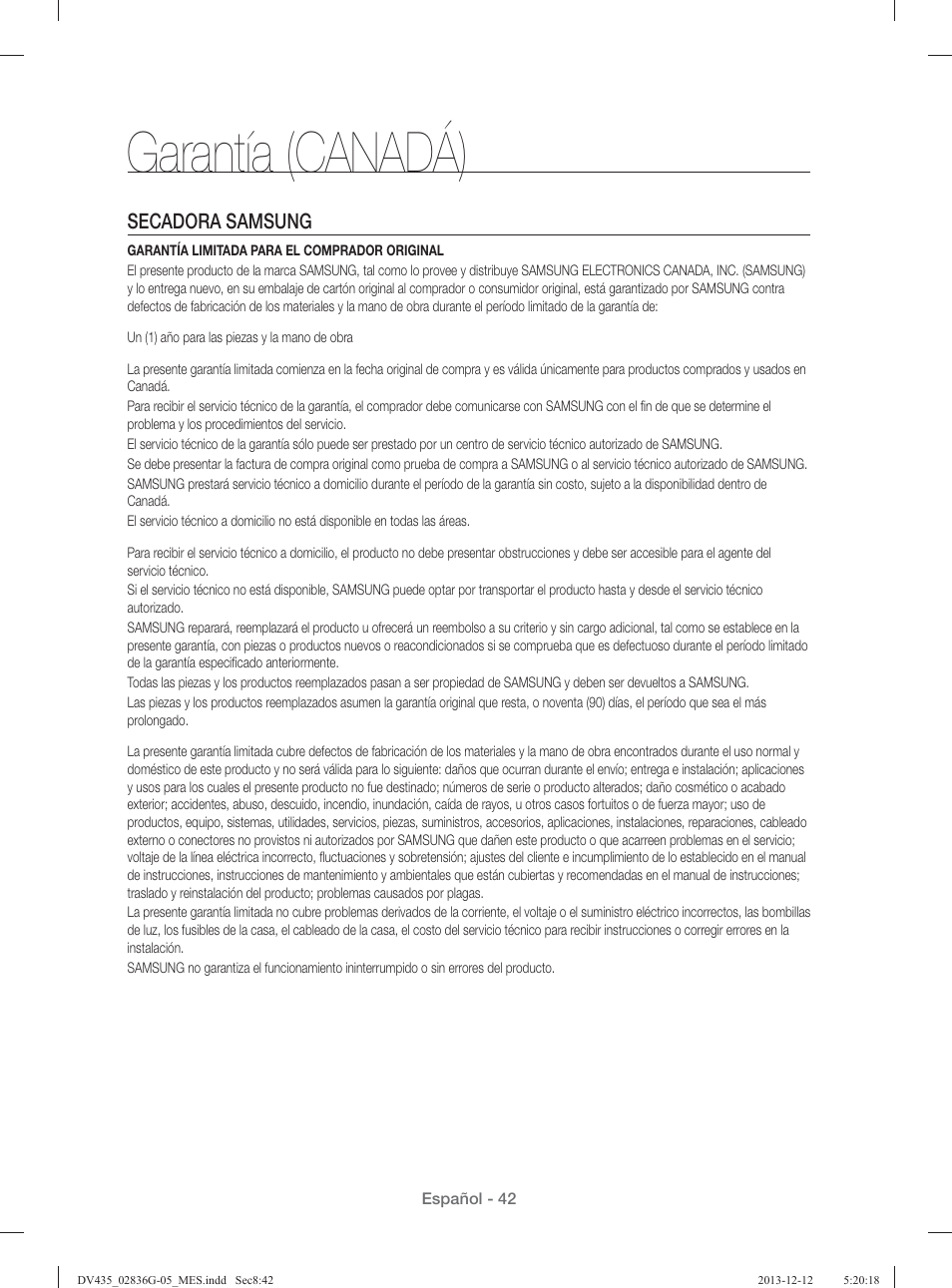 Garantía (canadá), Secadora samsung | Samsung DV435ETGJWR-A1 User Manual | Page 138 / 144