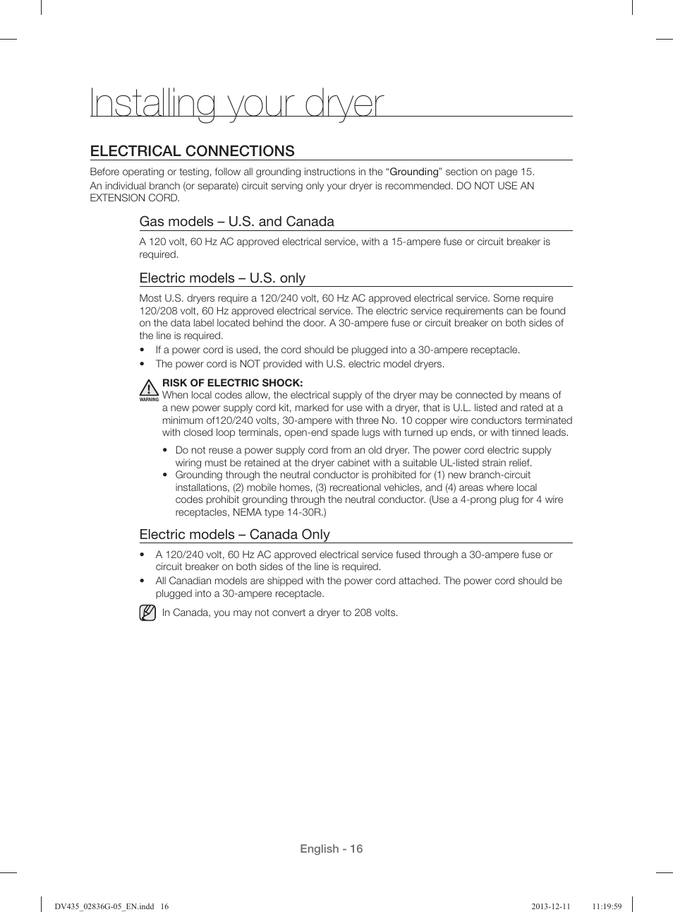 Installing your dryer, Electrical connections, Gas models – u.s. and canada | Electric models – u.s. only, Electric models – canada only | Samsung DV435ETGJWR-A1 User Manual | Page 16 / 144