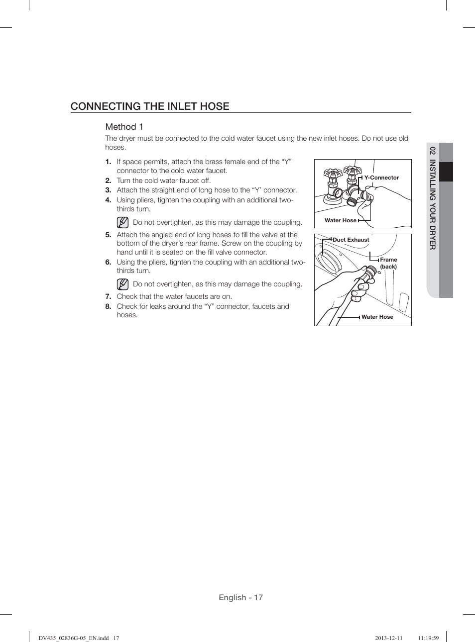 Connecting the inlet hose, Method 1 | Samsung DV435ETGJWR-A1 User Manual | Page 17 / 144