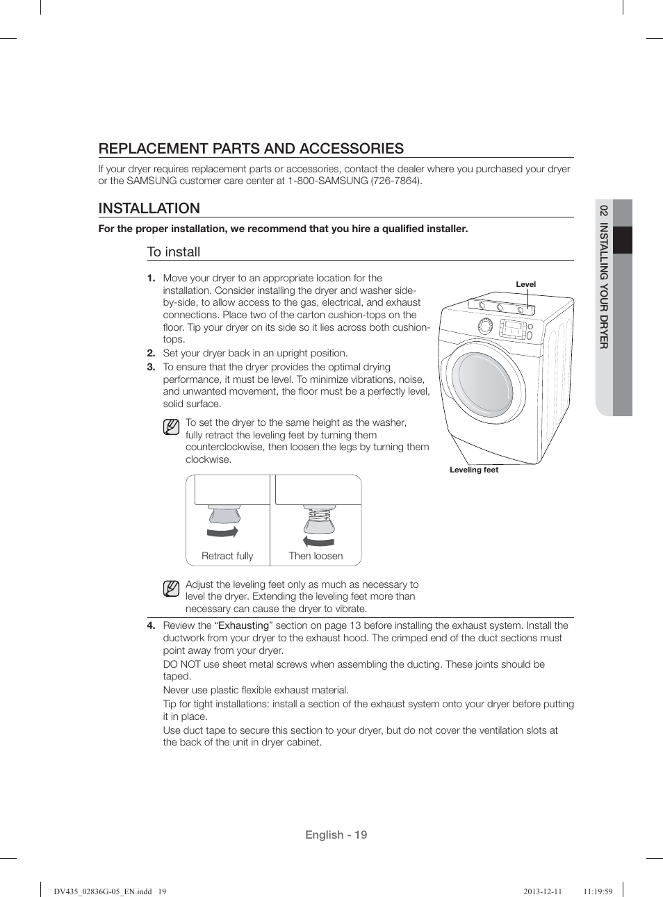 Replacement parts and accessories, Installation | Samsung DV435ETGJWR-A1 User Manual | Page 19 / 144