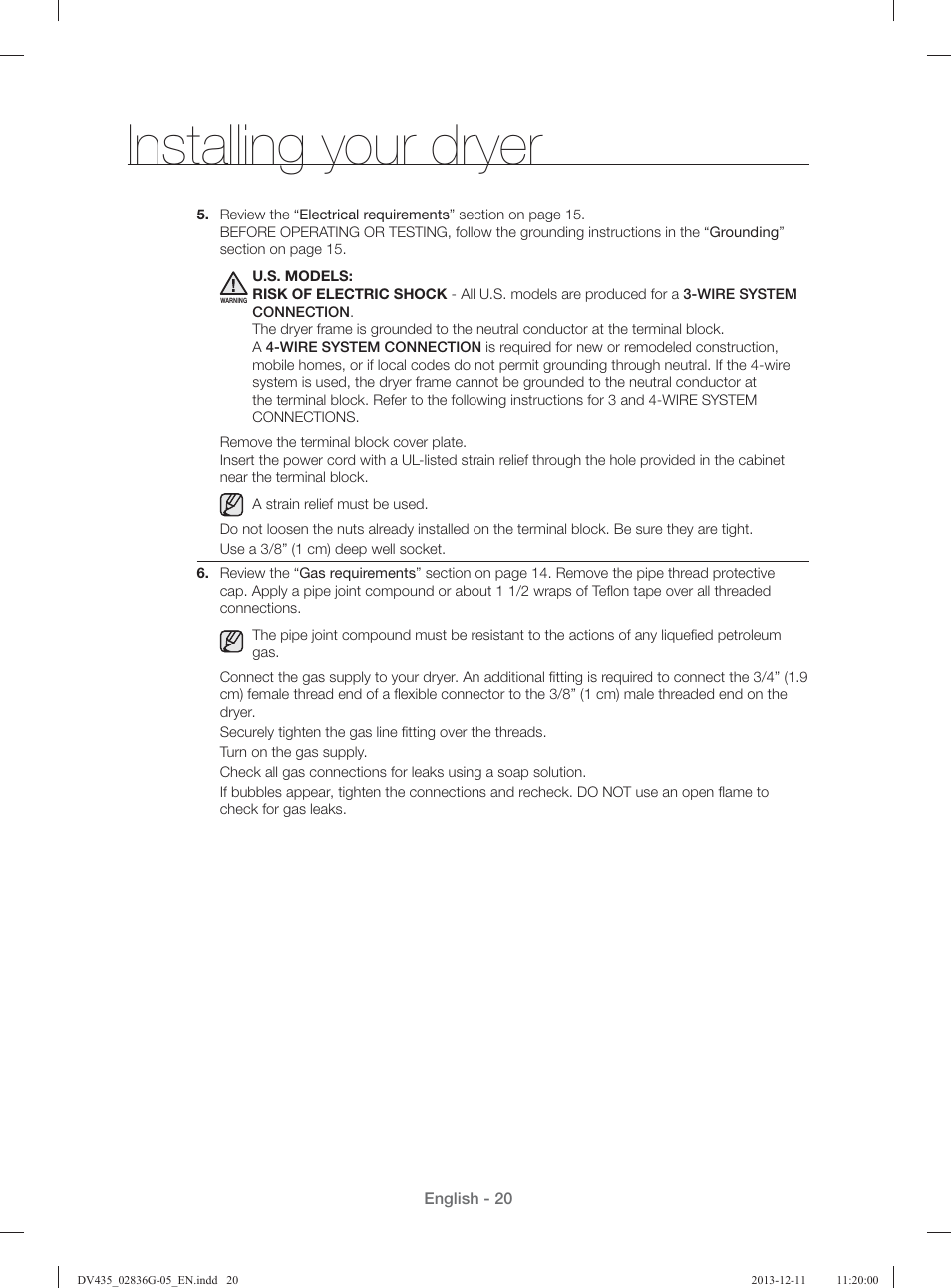 Installing your dryer | Samsung DV435ETGJWR-A1 User Manual | Page 20 / 144