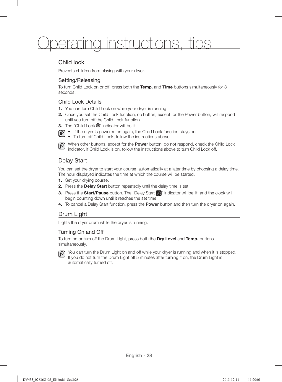 Operating instructions, tips | Samsung DV435ETGJWR-A1 User Manual | Page 28 / 144