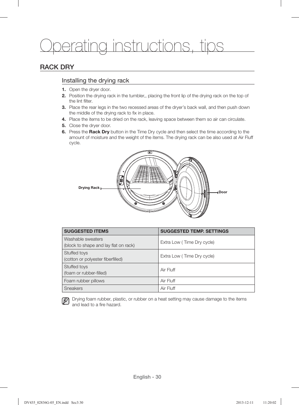 Operating instructions, tips, Rack dry, Installing the drying rack | Samsung DV435ETGJWR-A1 User Manual | Page 30 / 144