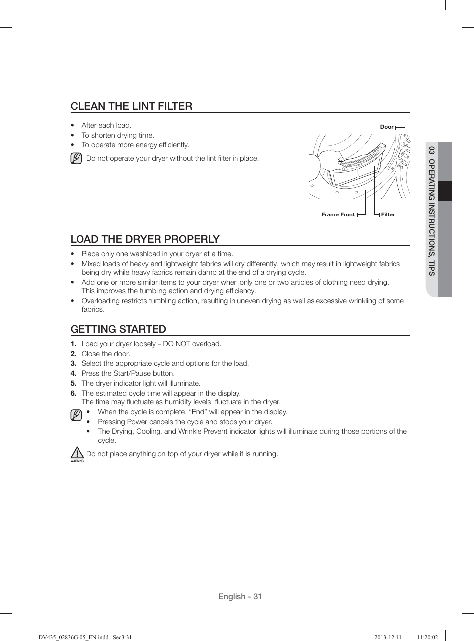 Clean the lint filter, Load the dryer properly, Getting started | Samsung DV435ETGJWR-A1 User Manual | Page 31 / 144