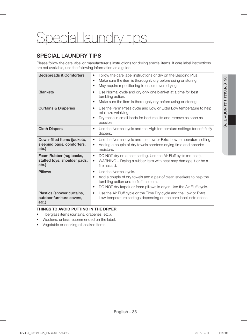 Special laundry tips | Samsung DV435ETGJWR-A1 User Manual | Page 33 / 144