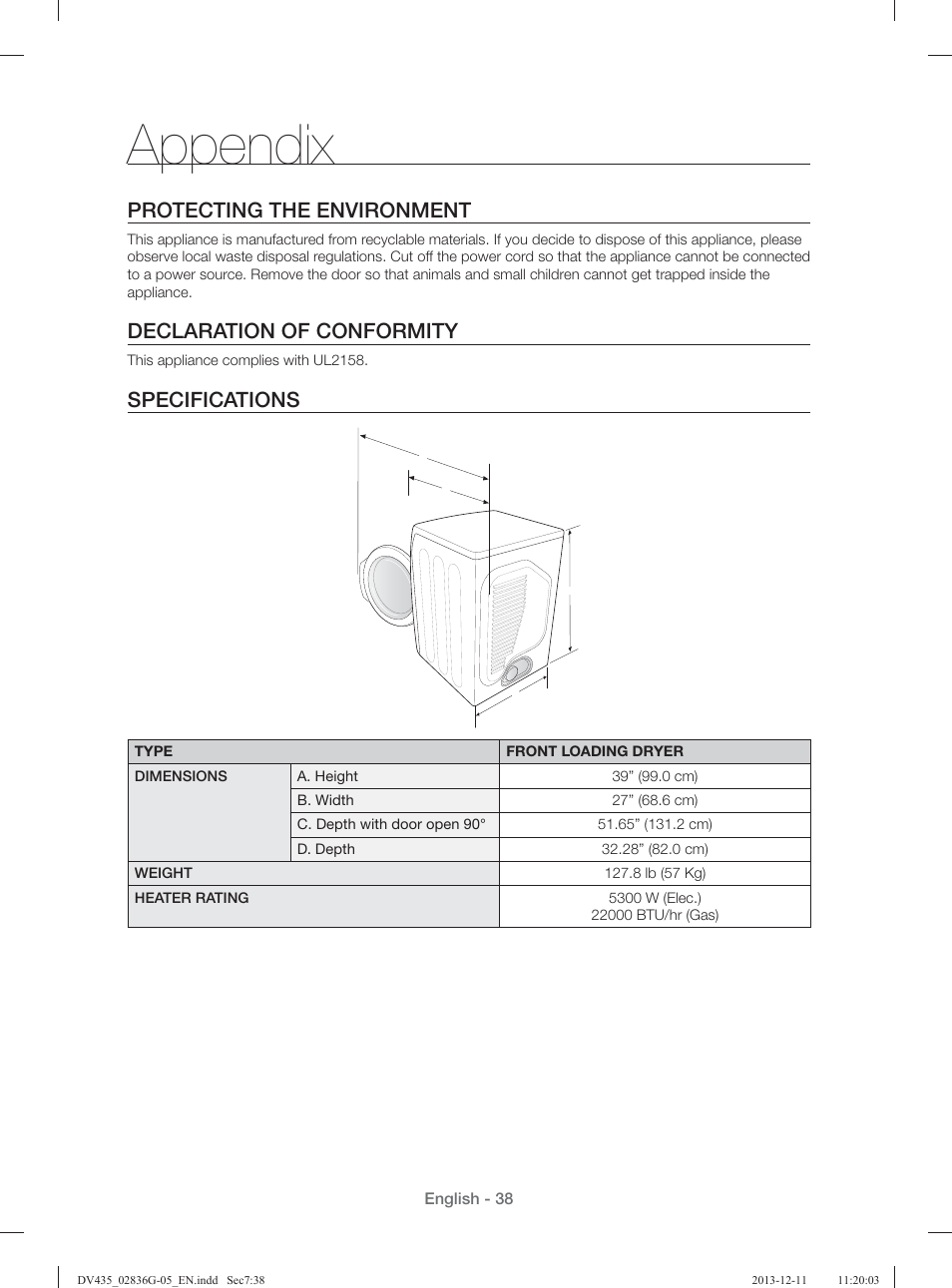 Appendix, Protecting the environment, Declaration of conformity | Specifications | Samsung DV435ETGJWR-A1 User Manual | Page 38 / 144