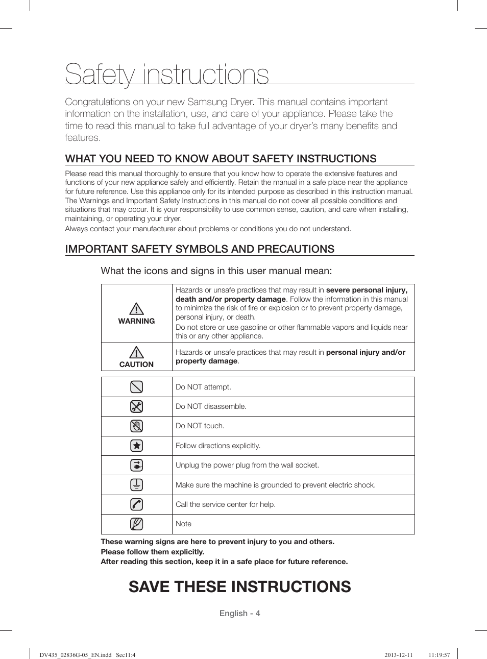 Safety instructions, Save these instructions, What you need to know about safety instructions | Important safety symbols and precautions | Samsung DV435ETGJWR-A1 User Manual | Page 4 / 144
