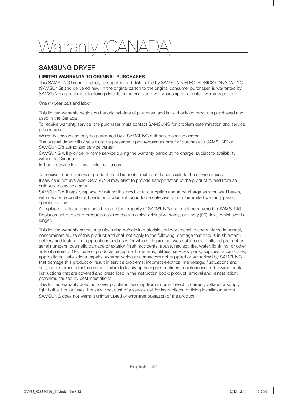 Warranty (canada), Samsung dryer | Samsung DV435ETGJWR-A1 User Manual | Page 42 / 144