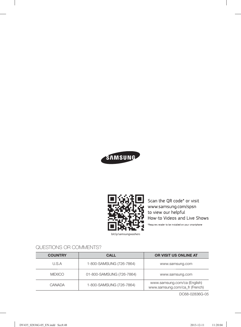 Questions or comments | Samsung DV435ETGJWR-A1 User Manual | Page 48 / 144